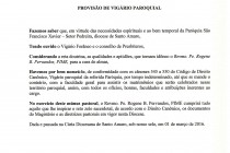 PROVISÃO DE VIGÁRIO PAROQUIAL DA PARÓQUIA SÃO FRANCISCO XAVIER